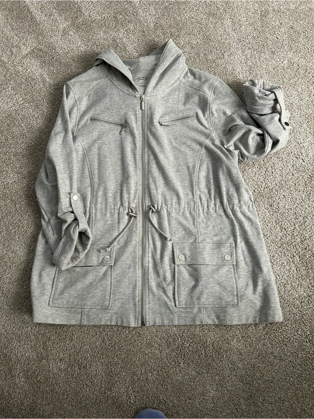 Style & Co. Light Gray Hooded Zip Jacket with Drawstring Waist XL